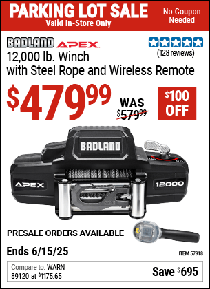 Harbor Freight Coupons, HF Coupons, 20% off - APEX 12,000 lb. Winch with Steel Rope and Wireless Remote