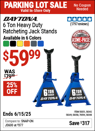 Harbor Freight Coupons, HF Coupons, 20% off - DAYTONA 6 Ton Heavy Duty Ratcheting Jack Stands 