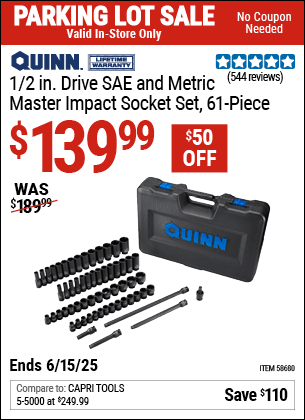 Harbor Freight Coupons, HF Coupons, 20% off - QUINN 1/2 in. Drive SAE & Metric Master Impact Socket Set 