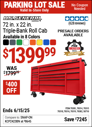 Harbor Freight Coupons, HF Coupons, 20% off - U.S. GENERAL 72 in. x 22 in. Triple-Bank Roll Cab 