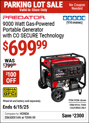 Harbor Freight Coupons, HF Coupons, 20% off - PREDATOR 9000 Watt Gas Powered Portable Generator with CO SECURE Technology for $699.99