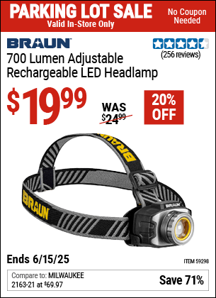 Harbor Freight Coupons, HF Coupons, 20% off - BRAUN 700 Lumen Adjustable Rechargeable LED Headlamp for $19.99