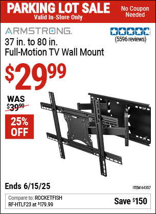 Harbor Freight Coupons, HF Coupons, 20% off - ARMSTRONG 37 in. to 80 in. Full-Motion TV Wall Mount for $39.99