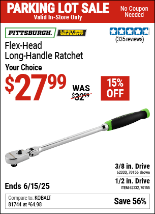 Harbor Freight Coupons, HF Coupons, 20% off - PITTSBURGH 3/8 in. Drive Professional Flex Head Long Handle Ratchet for $27.99