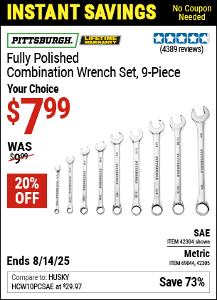 Harbor Freight Coupons, HF Coupons, 20% off - 9 Piece Fully Polished Combination Wrench Sets