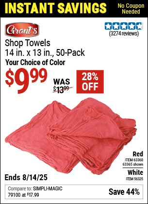 Harbor Freight Coupons, HF Coupons, 20% off - 14 in. x 13 in. White Shop Towels, 50 Pk.