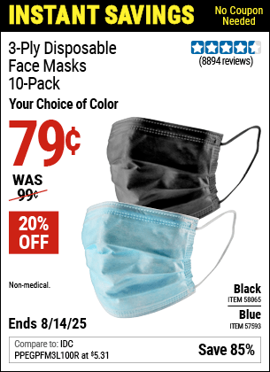 Harbor Freight Coupons, HF Coupons, 20% off - 3-Ply Disposable Face Masks