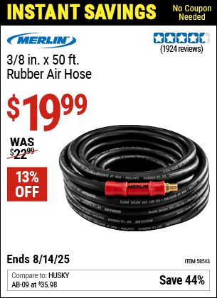 Harbor Freight Coupons, HF Coupons, 20% off - MERLIN 3/8 in. x 50 ft. Rubber Air Hose 