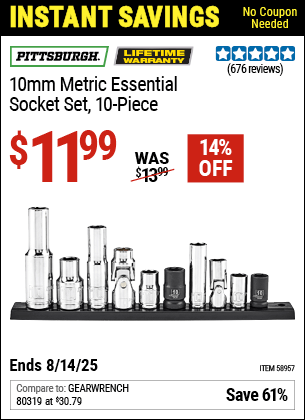 Harbor Freight Coupons, HF Coupons, 20% off - PITTSBURGH 10mm Metric Essential Socket Set for $9.99