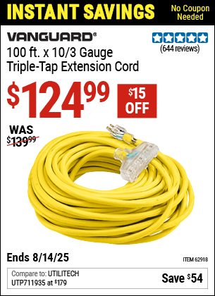 Harbor Freight Coupons, HF Coupons, 20% off - 100ft X 10 Gauge Triple Tap Extension Cord