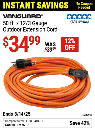 Harbor Freight Coupons, HF Coupons, 20% off - 12 Gauge X 50 Ft. Outdoor Extension Cord
