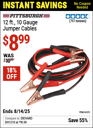 Harbor Freight Coupons, HF Coupons, 20% off - 12 Ft., 10 Gauge Booster Cables