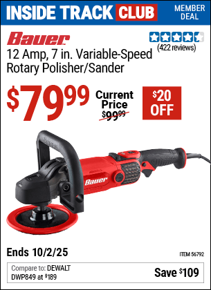 Harbor Freight Coupons, HF Coupons, 20% off - BAUER Corded 12 Amp, 7 in. Variable Speed Rotary Polisher/Sander for $79.99