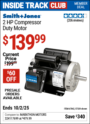 Harbor Freight Coupons, HF Coupons, 20% off - SMITH + JONES 2 HP Compressor Duty Motor 