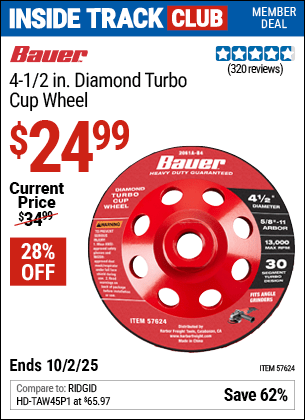 Harbor Freight Coupons, HF Coupons, 20% off - 4-1/2 in. Diamond Turbo Cup Wheel