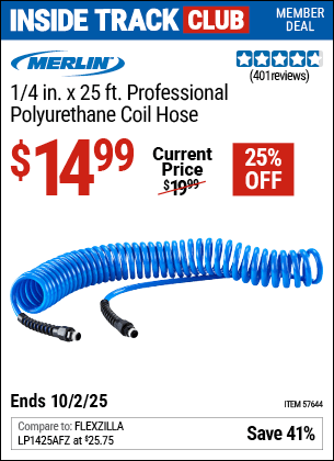 Harbor Freight Coupons, HF Coupons, 20% off - MERLIN 1/4 in. X 25 ft. Professional Polyurethane Coil Hose for $11.99