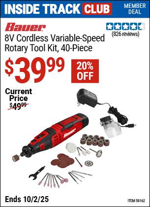 Harbor Freight Coupons, HF Coupons, 20% off - BAUER 8V Cordless Variable Speed Rotary Tool Kit 