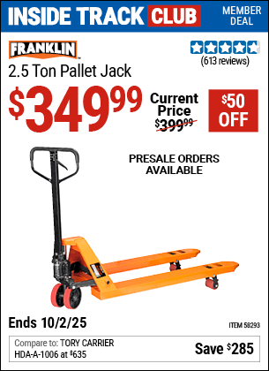 Harbor Freight Coupons, HF Coupons, 20% off - FRANKLIN 2.5 Ton Pallet Jack for $359.99