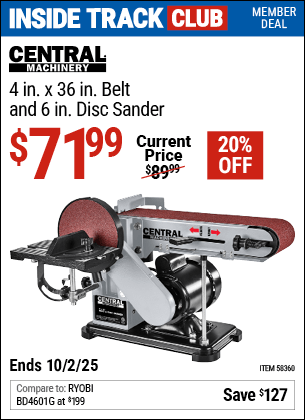 Harbor Freight Coupons, HF Coupons, 20% off - CENTRAL MACHINERY 4 in. x 36 in. Belt and 6 in. Disc Sander for $79.99
