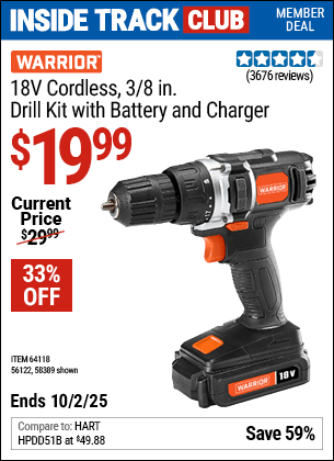 Harbor Freight Coupons, HF Coupons, 20% off - WARRIOR 18v Cordless 3/8 in. Drill/Driver Kit 