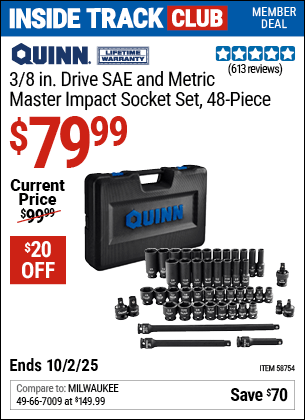 Harbor Freight Coupons, HF Coupons, 20% off - QUINN 3/8 in. Drive SAE & Metric Master Impact Socket Set, 48 Piece for $79.99