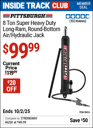 Harbor Freight Coupons, HF Coupons, 20% off - PITTSBURGH 8 Ton Long Ram Air/Hydraulic Jack for $99.99