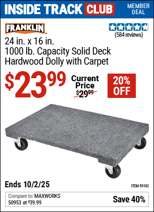 Harbor Freight Coupons, HF Coupons, 20% off - FRANKLIN 24 in. x 16 in. 1000 lb. Capacity Solid Deck Hardwood Dolly with Carpet 