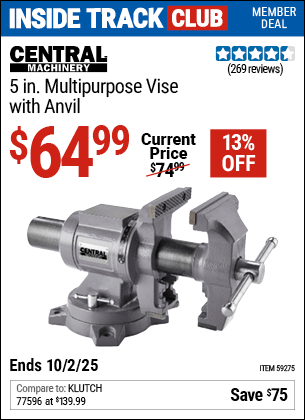 Harbor Freight Coupons, HF Coupons, 20% off - CENTRAL MACHINERY 5 in. Multi-Purpose Vise with Anvil for $64.99