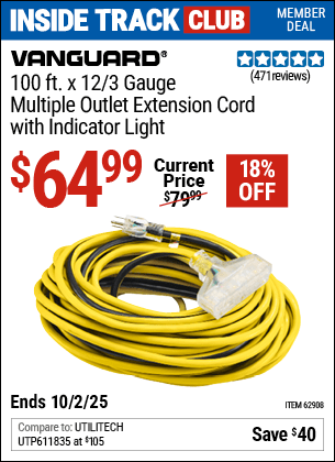Harbor Freight Coupons, HF Coupons, 20% off - 100 ft. x 12 Gauge Multi-Outlet Extension Cord with Indicator Light