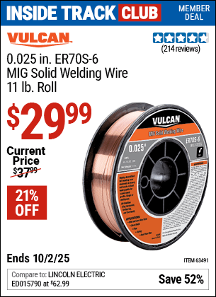 Harbor Freight Coupons, HF Coupons, 20% off - VULCAN 0.025 in. ER70S-6 MIG Solid Welding Wire, 11 lb. Roll for $29.99