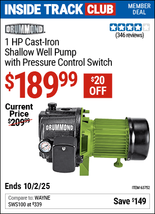 Harbor Freight Coupons, HF Coupons, 20% off - DRUMMOND 1 HP Cast Iron Shallow Well Pump with Pressure Control Switch for $189.99