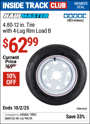 Harbor Freight Coupons, HF Coupons, 20% off - 4.80-12in Tire with 4 Lug Rim Load B for $59.99