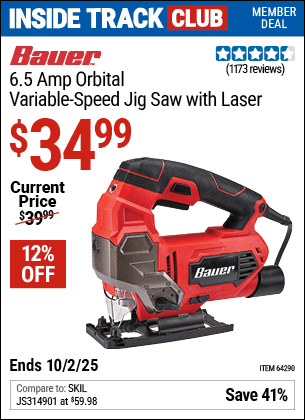 Harbor Freight Coupons, HF Coupons, 20% off - Bauer 6.5 Amp Heavy Duty Tool-free Variable Speed Orbital Jig Saw