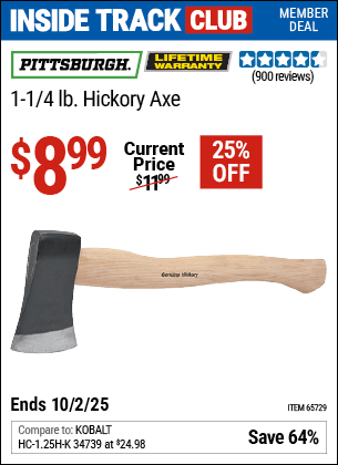 Harbor Freight Coupons, HF Coupons, 20% off - PITTSBURGH 1-1/4 lb. Hickory Axe for $9.99