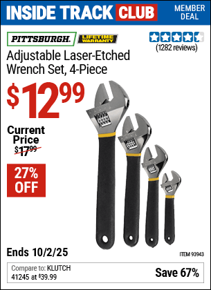 Harbor Freight Coupons, HF Coupons, 20% off - 4 Piece Laser Etched Adjustable Wrench Set