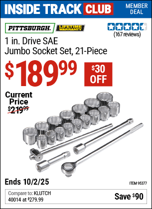 Harbor Freight Coupons, HF Coupons, 20% off - PITTSBURGH 1 in. Drive SAE Jumbo Heavy Duty Socket Set 21 Pc. for $189.99