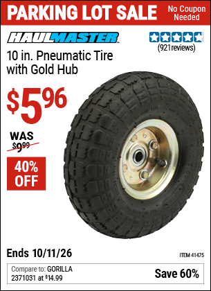 Harbor Freight Coupons, HF Coupons, 20% off - HAUL-MASTER 10 in. Pneumatic Tire with Gold Hub for $6.99