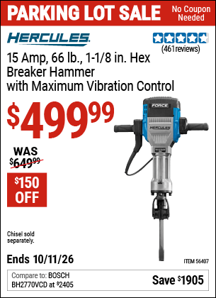 Harbor Freight Coupons, HF Coupons, 20% off - Hercules 15 Amp Pro, 1-1/8' Hex Breaker Hammer Kit
