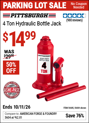 Harbor Freight Coupons, HF Coupons, 20% off - PITTSBURGH 4 Ton Hydraulic Bottle Jack for $17.99
