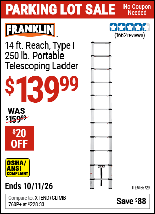 Harbor Freight Coupons, HF Coupons, 20% off - FRANKLIN Portable 14 Ft. Telescoping Ladder for $99.99