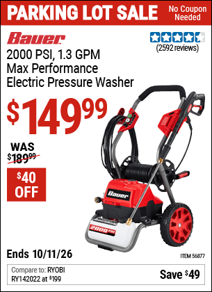 Harbor Freight Coupons, HF Coupons, 20% off - BAUER 2000 PSI Max Performance Electric Pressure Washer for $159.99
