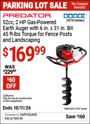 Harbor Freight Coupons, HF Coupons, 20% off - PREDATOR Gas Powered Earth Auger 