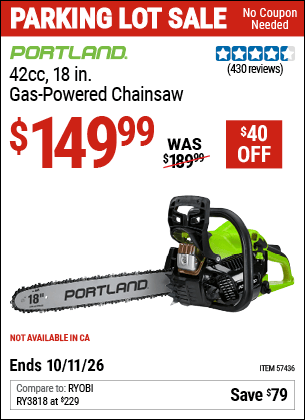 Harbor Freight Coupons, HF Coupons, 20% off - PORTLAND 42cc, 18 in. Gas-Powered Chainsaw for $129.99