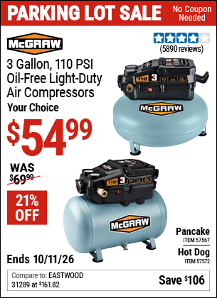 Harbor Freight Coupons, HF Coupons, 20% off - 3 Gallon 1/3 HP 110 PSI Oil-Free Pancake Air Compressor