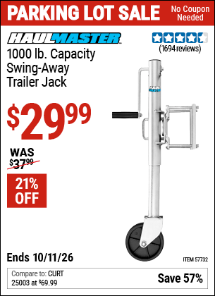 Harbor Freight Coupons, HF Coupons, 20% off - HAUL-MASTER 1000 lb. Swing-Back Bolt-On Trailer Jack for $27.99