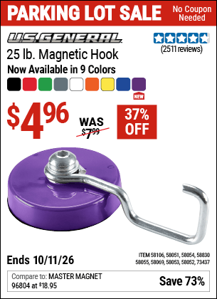 Harbor Freight Coupons, HF Coupons, 20% off - U.S. GENERAL 25 lb. Magnetic Hook for $4.99
