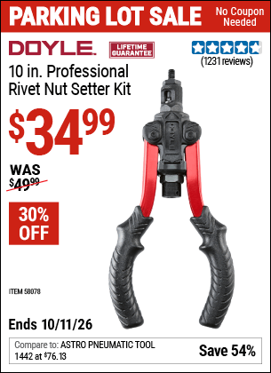 Harbor Freight Coupons, HF Coupons, 20% off - DOYLE 10 in. Professional Rivet Nut Setter Kit for $34.99