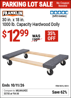 Harbor Freight Coupons, HF Coupons, 20% off - FRANKLIN 30 in. x 19 in. 1000 lb. Capacity Hardwood Dolly 