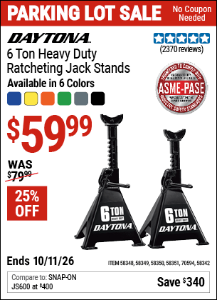 Harbor Freight Coupons, HF Coupons, 20% off - DAYTONA 6 Ton Heavy Duty Ratcheting Jack Stands for $59.99