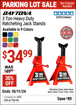 Harbor Freight Coupons, HF Coupons, 20% off - Buy Any 3T or 4T Steel DAYTONA Jack, Get One Pair of 3T DAYTONA Steel Jack Stands FREE!